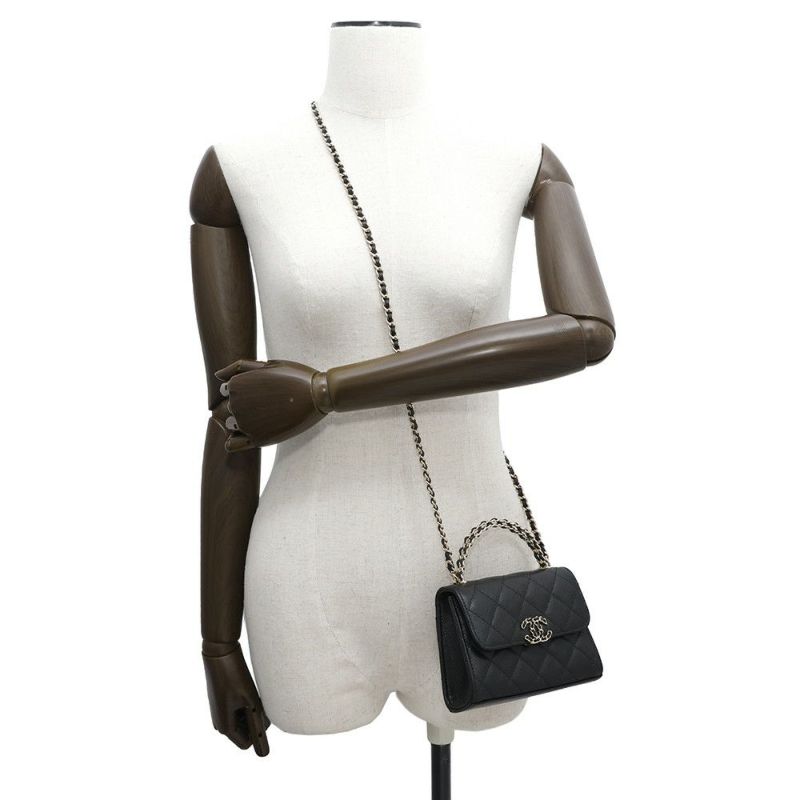 シャネル チェーンショルダーバッグ トップハンドル チェーンクラッチ マトラッセ ココマーク キャビアスキン AP3237 黒