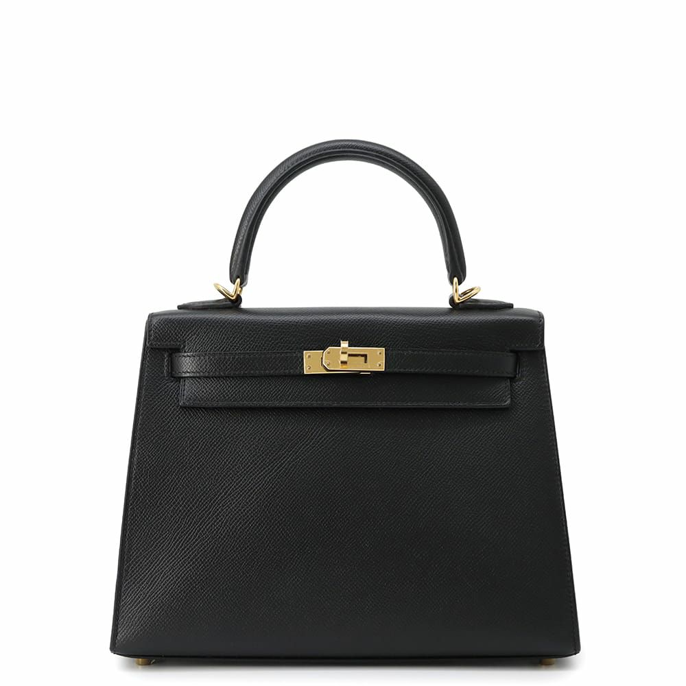 エルメス ハンドバッグ ケリー25 外縫い ブラック/ゴールド金具 エプソン U刻印 2wayショルダー 黒