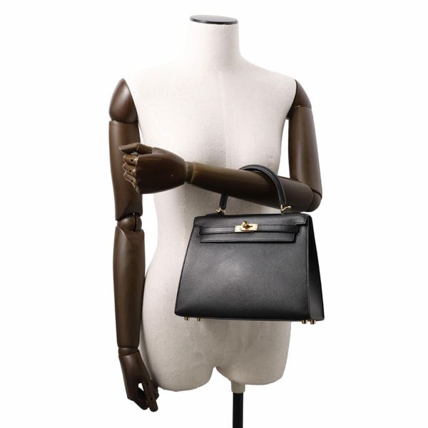 エルメス ハンドバッグ ケリー25 外縫い ブラック/ゴールド金具 エプソン U刻印 2wayショルダー 黒