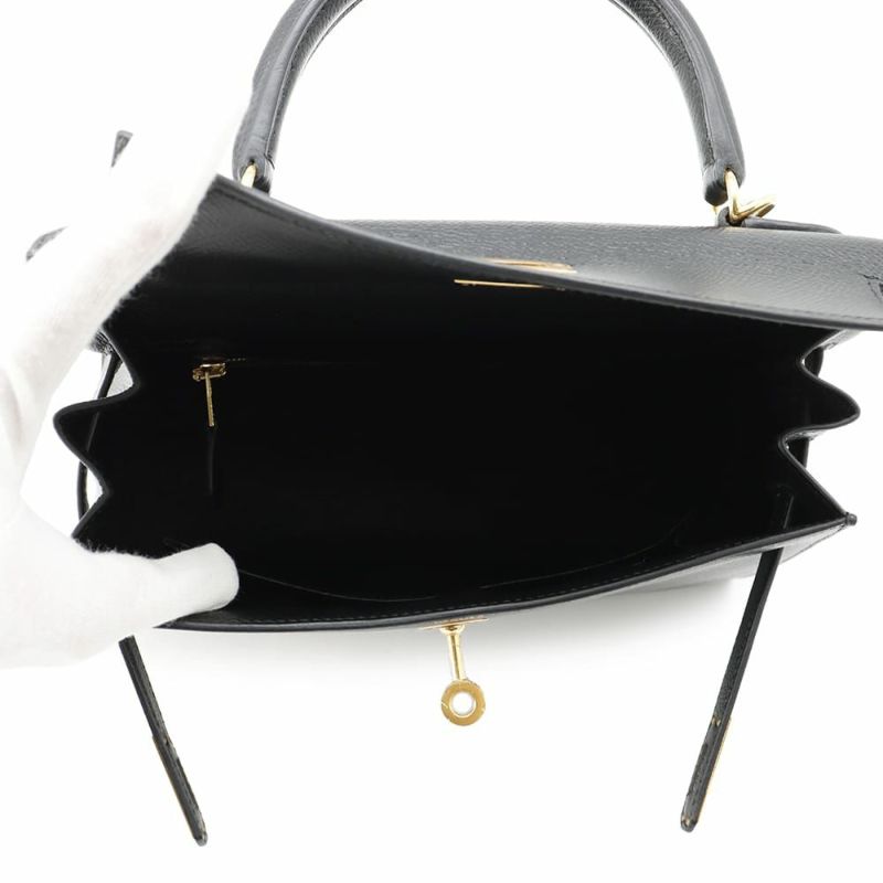 エルメス ハンドバッグ ケリー25 外縫い ブラック/ゴールド金具 エプソン U刻印 2wayショルダー 黒