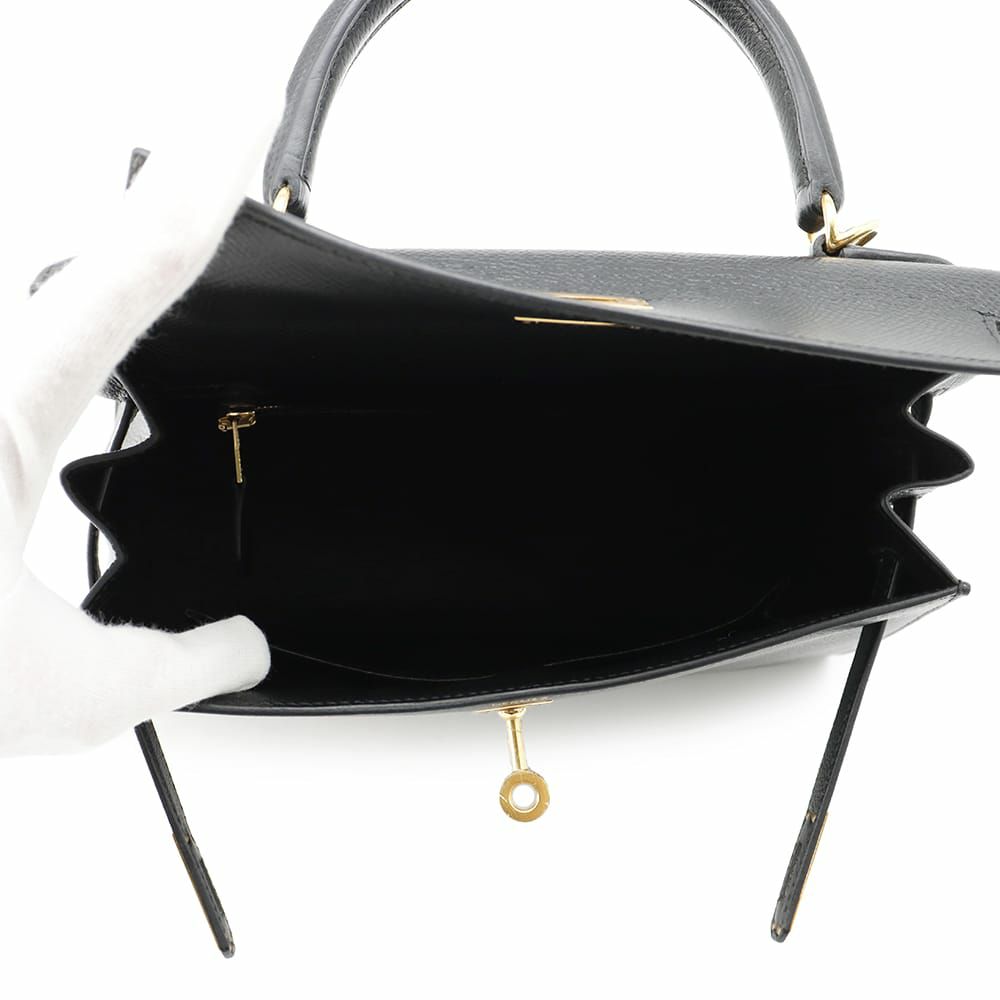 エルメス ハンドバッグ ケリー25 外縫い ブラック/ゴールド金具 エプソン U刻印 2wayショルダー 黒