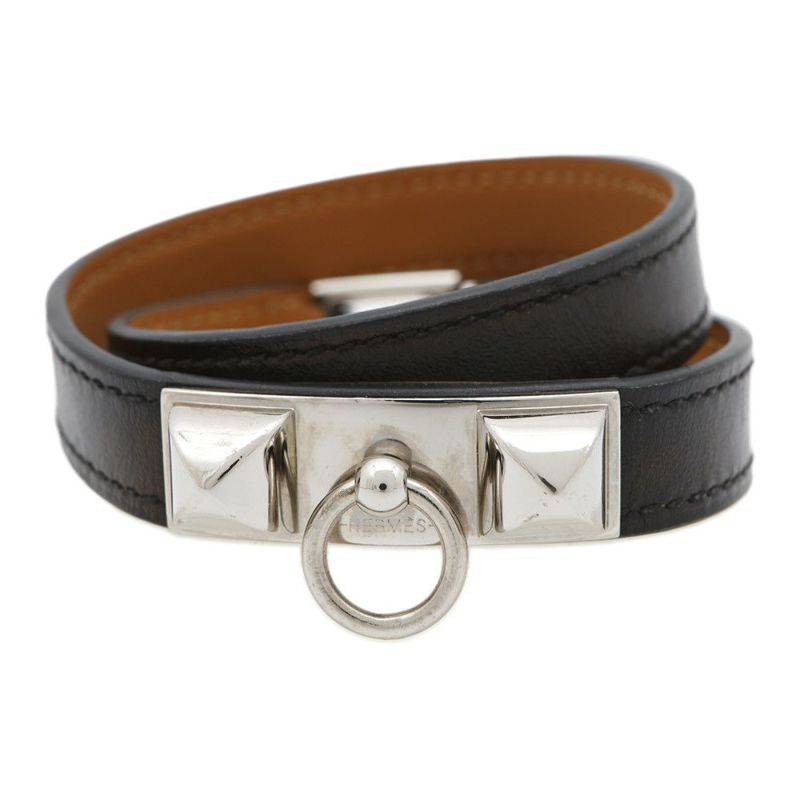 エルメス ブレスレット リヴァル ドゥブルトゥール ブラック/シルバー金具 レザー サイズS A刻印 黒