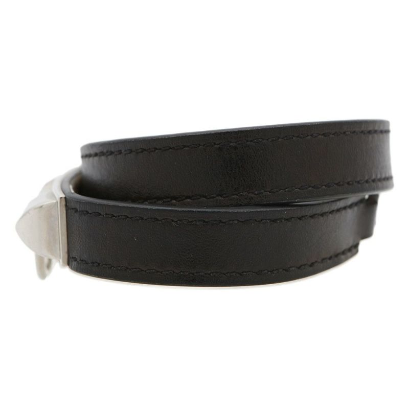 エルメス ブレスレット リヴァル ドゥブルトゥール ブラック/シルバー金具 レザー サイズS A刻印 黒