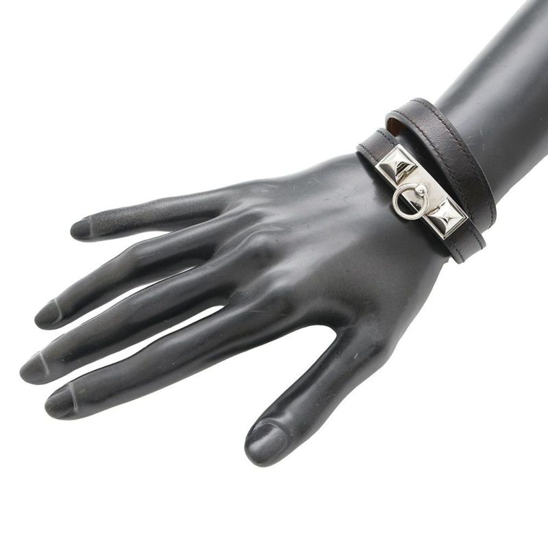 エルメス ブレスレット リヴァル ドゥブルトゥール ブラック/シルバー金具 レザー サイズS A刻印 黒