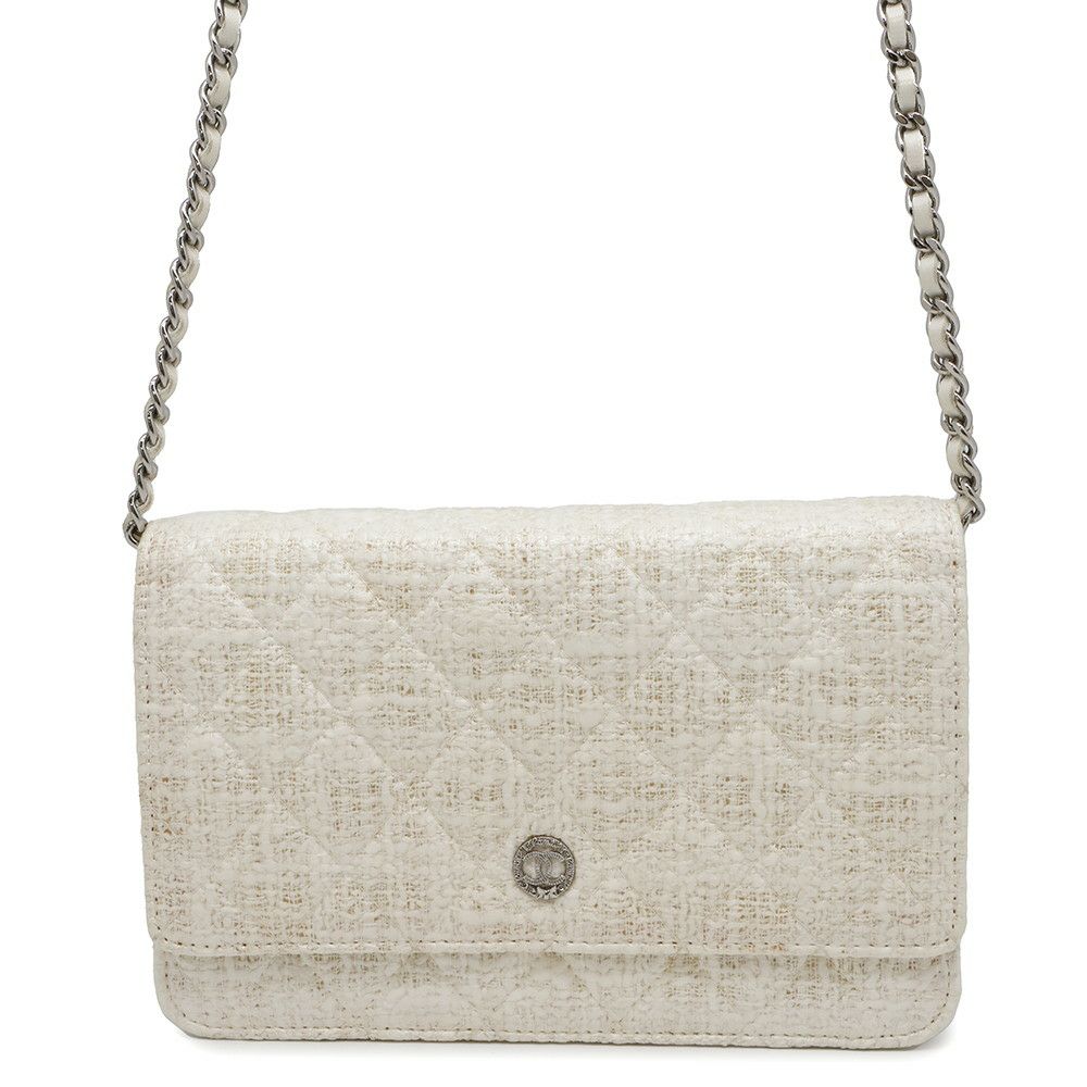 シャネル チェーンウォレット マトラッセ ココマーク ツイード レザー CHANEL 財布 白