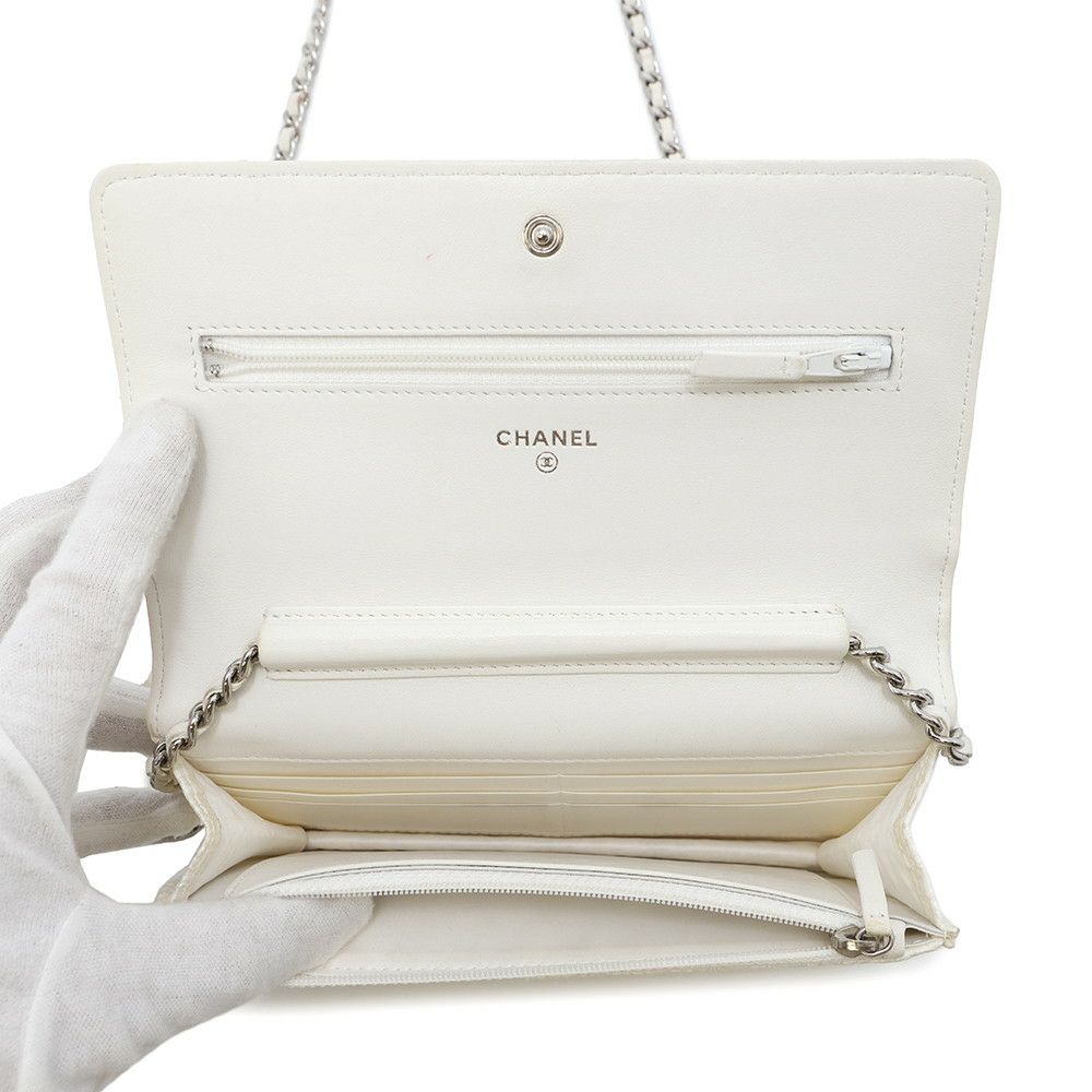 シャネル チェーンウォレット マトラッセ ココマーク ツイード レザー CHANEL 財布 白