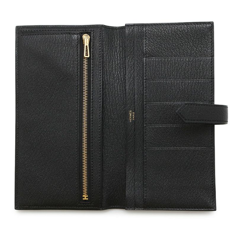 エルメス 長財布 ベアンスフレ ブラック/ゴールド金具 シェブルミゾル U刻印 財布 シェーブル 黒