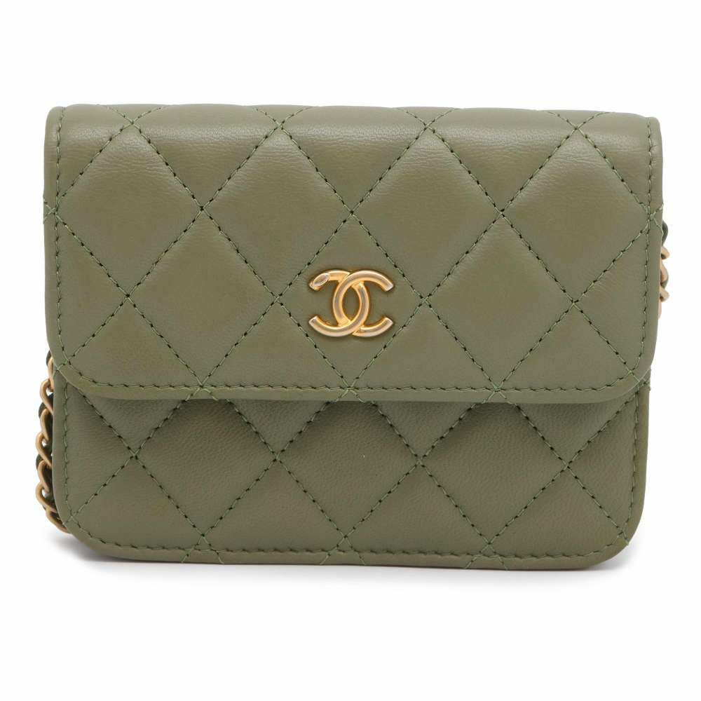 シャネル チェーンウォレット マトラッセ ココマーク ラムスキン ミニ 財布 コンパクトウォレット グリーン