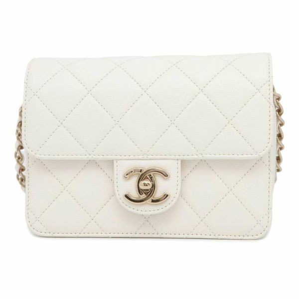 シャネル チェーンショルダーバッグ マトラッセ ココマーク キャビアスキン CHANEL バッグ 白