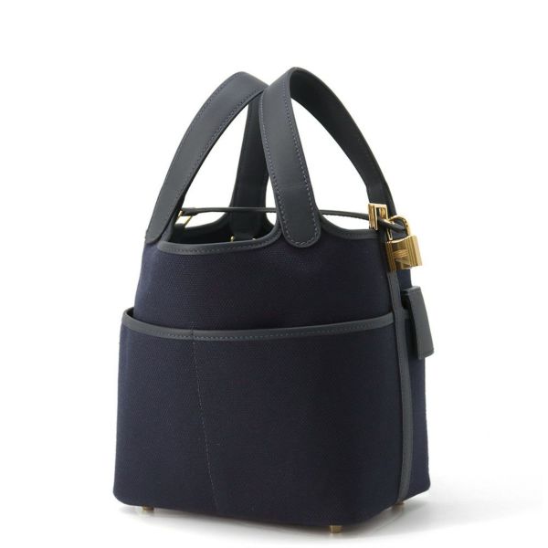 エルメス ハンドバッグ ピコタンロックPM カーゴ ブルーマリン/ブラック/ゴールド金具 トワルアッシュ/スイフト U刻印 黒