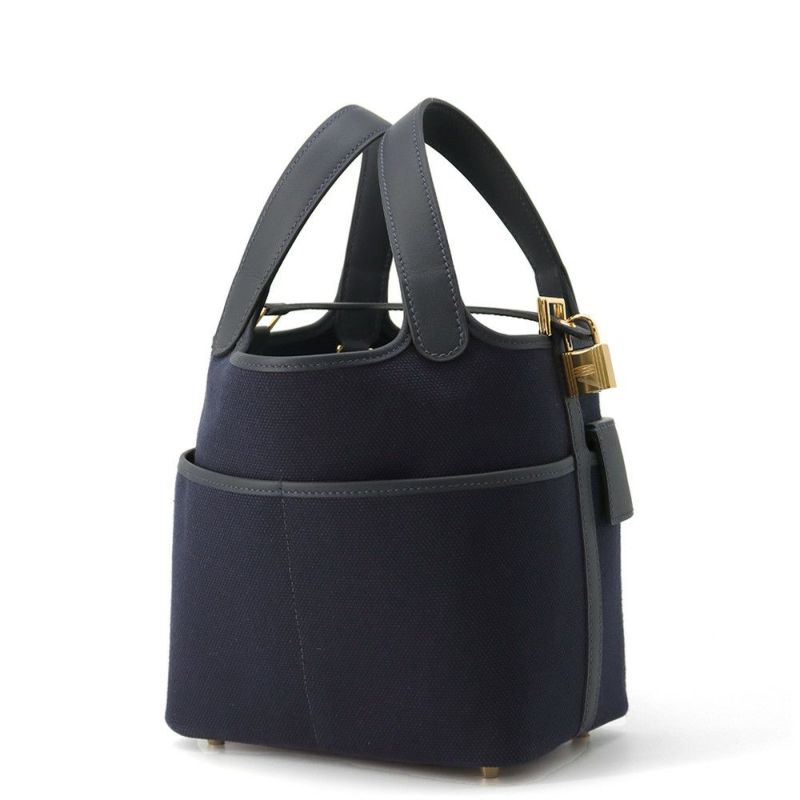 エルメス ハンドバッグ ピコタンロックPM カーゴ ブルーマリン/ブラック/ゴールド金具 トワルアッシュ/スイフト U刻印 黒