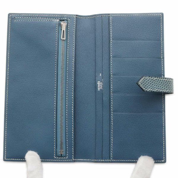 エルメス 長財布 ベアンクラシック ブルージーン/シルバー金具 リザード □I刻印 HERMES 財布