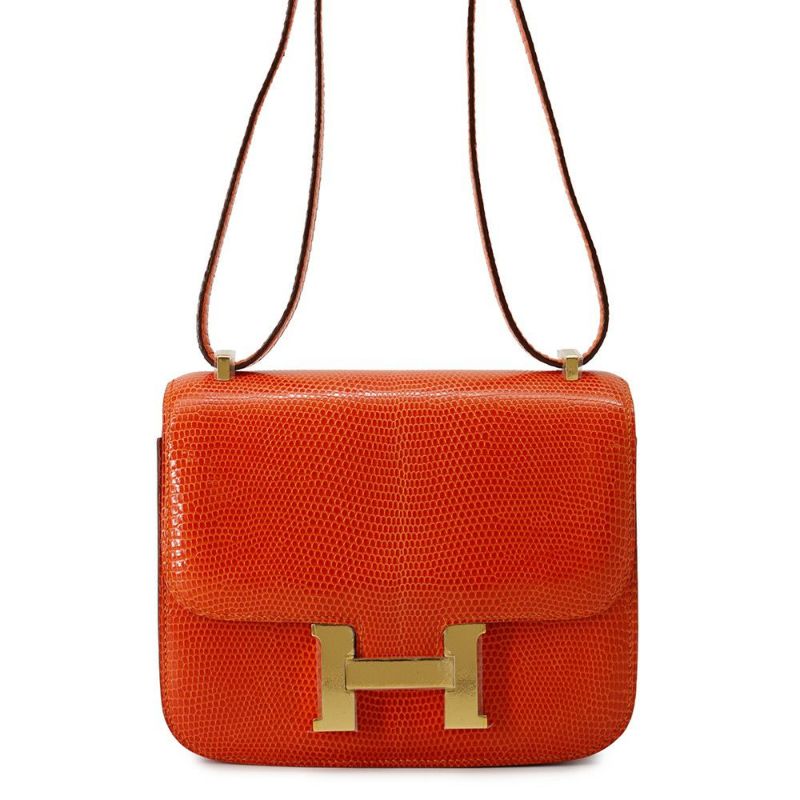 エルメス ショルダーバッグ ミニ コンスタンス オレンジ/ゴールド金具 リザード □K刻印 HERMES Constance
