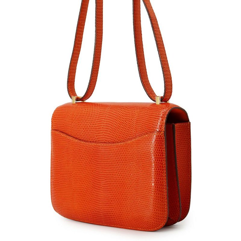 エルメス ショルダーバッグ ミニ コンスタンス オレンジ/ゴールド金具 リザード □K刻印 HERMES Constance