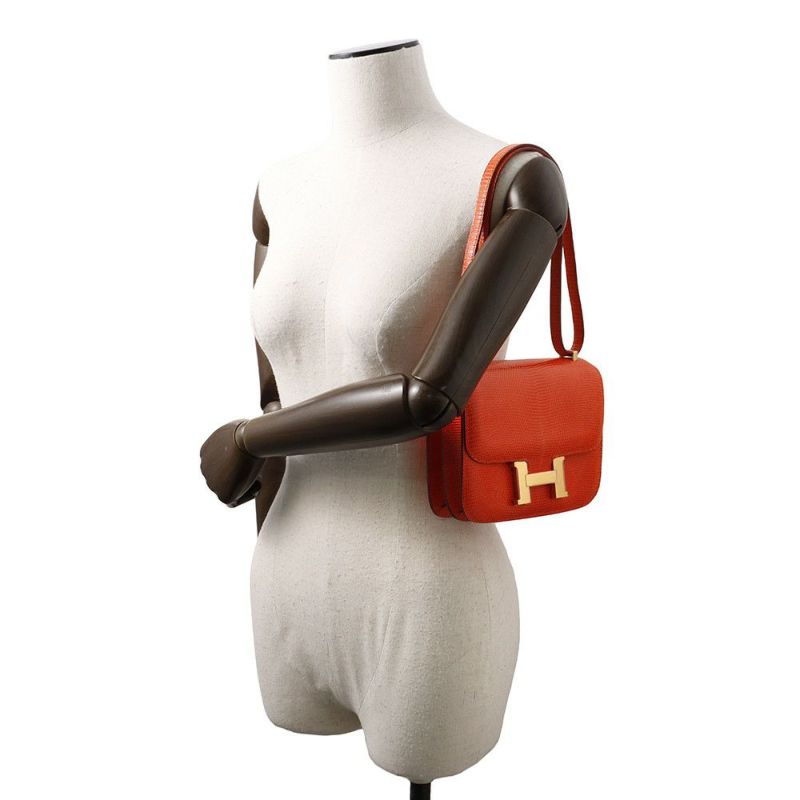 エルメス ショルダーバッグ ミニ コンスタンス オレンジ/ゴールド金具 リザード □K刻印 HERMES Constance