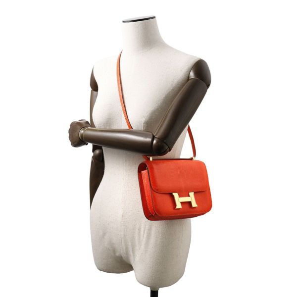 エルメス ショルダーバッグ ミニ コンスタンス オレンジ/ゴールド金具 リザード □K刻印 HERMES Constance
