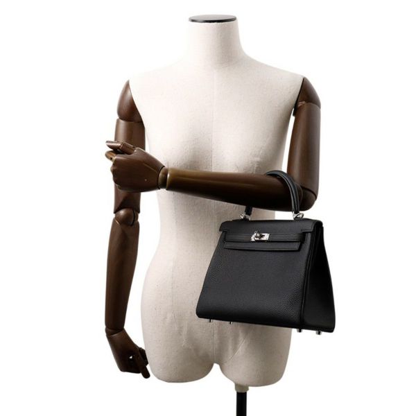 エルメス ハンドバッグ ケリー25 内縫い ブラック/シルバー金具 トゴ W刻印 HERMES Kelly 2wayバッグ 黒