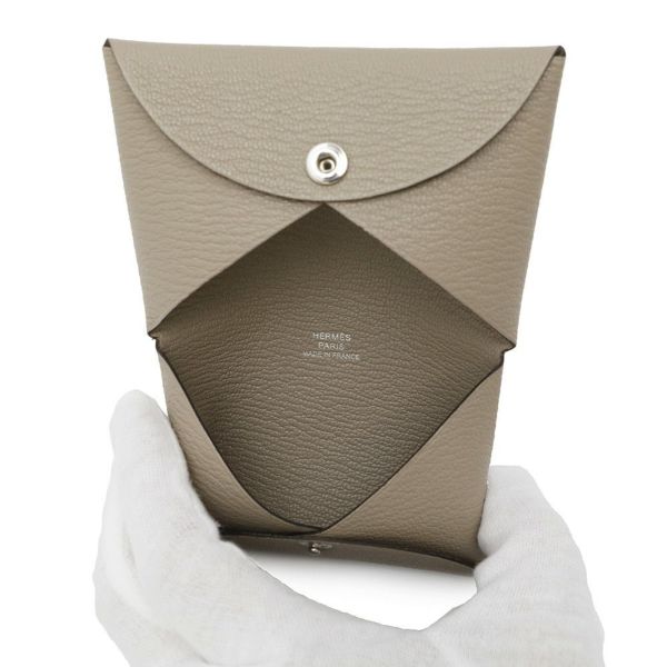 エルメス カードケース カルヴィ トゥルティエールグレー/シルバー金具 シェブルミゾル W刻印 HERMES 財布