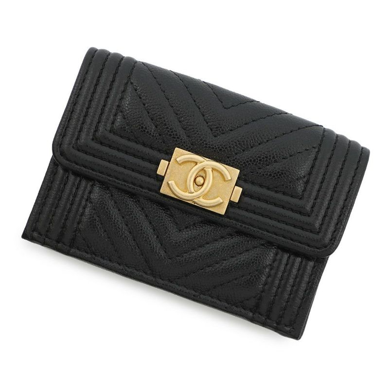 シャネル 三つ折財布 ボーイシャネル ココマーク スモールウォレット キャビアスキン A84432 CHANEL 黒
