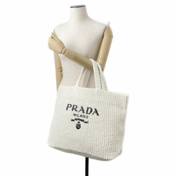 プラダ トートバッグ クロシェ ロゴ ラフィア 1BG392 PRADA かごバッグ 白