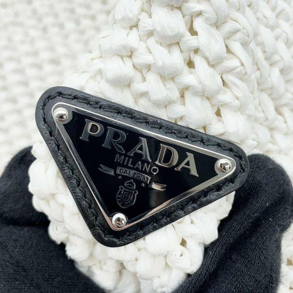 プラダ トートバッグ クロシェ ロゴ ラフィア 1BG392 PRADA かごバッグ 白