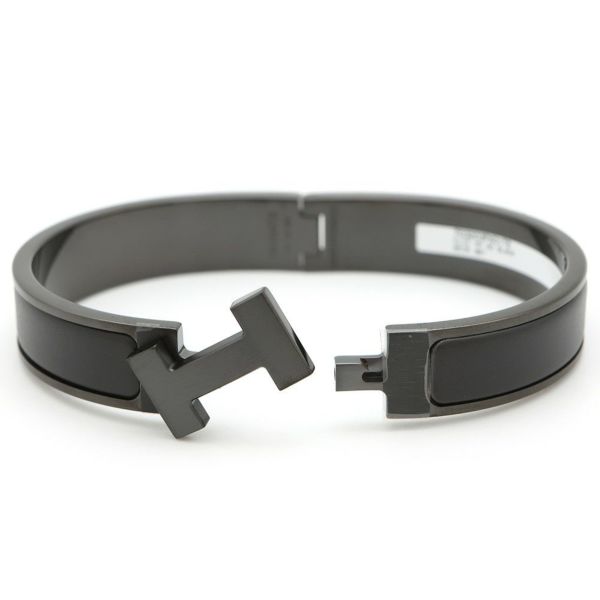 HERMES】チェーン×黒レザー ☆ Chaine Maillon ブレスレット
