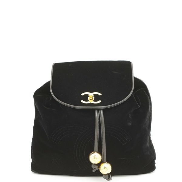 シャネル リュック ココマーク チェーン ベロア ラムスキン CHANEL バックパック バッグ ポーチ付き 黒