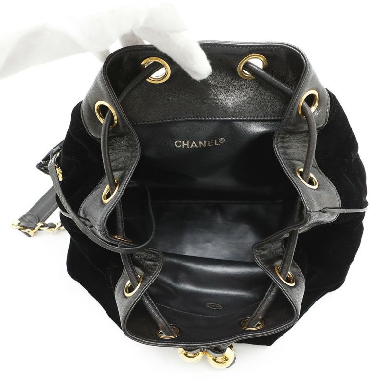 シャネル リュック ココマーク チェーン ベロア ラムスキン CHANEL バックパック バッグ ポーチ付き 黒