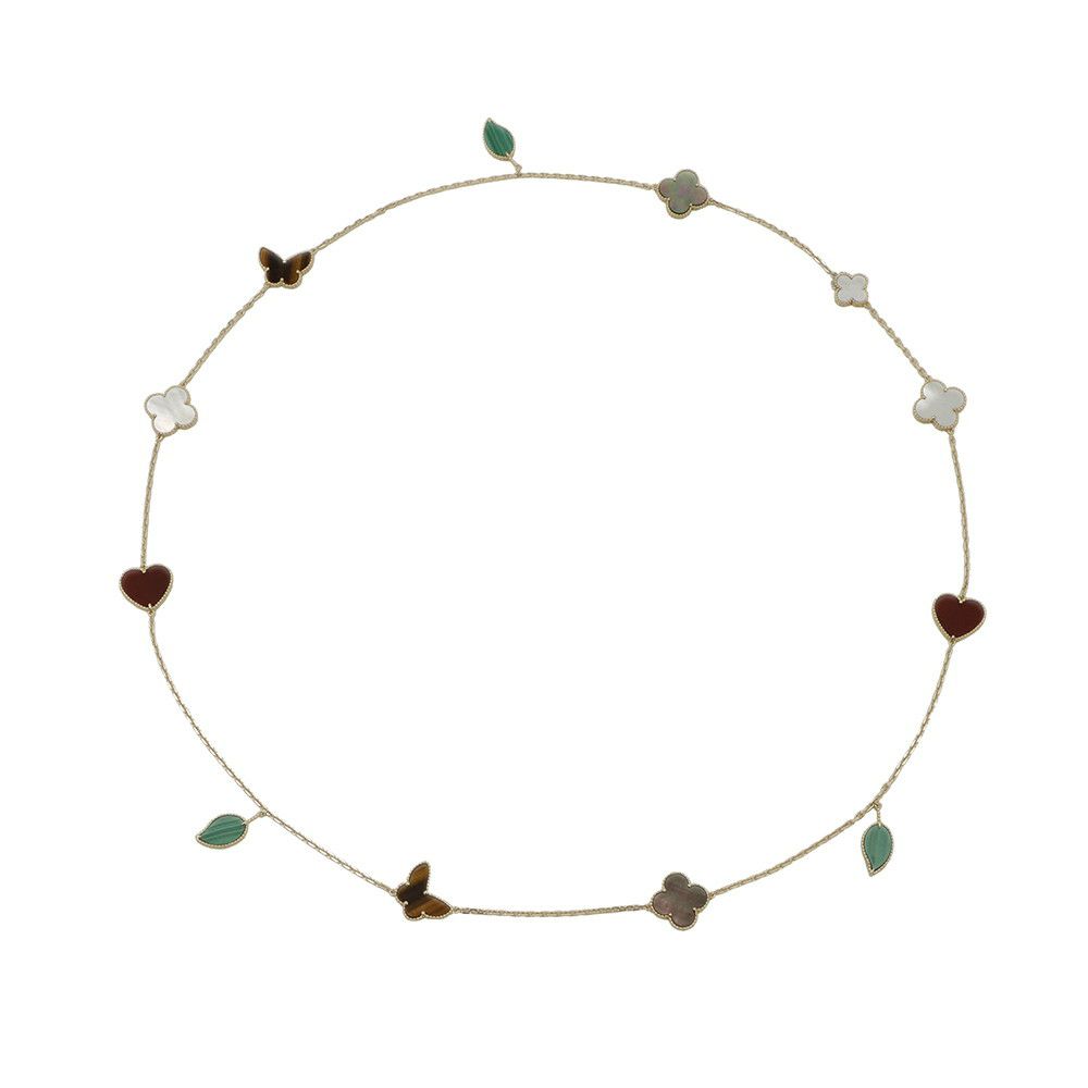 ヴァンクリ ネックレス ラッキー アルハンブラ ロング 12モチーフ カーネリアン タイガーズアイ マラカイト