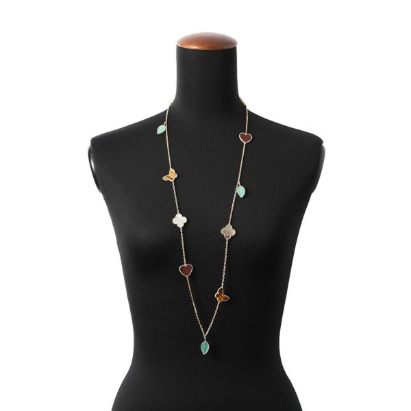 ヴァンクリ ネックレス ラッキー アルハンブラ ロング 12モチーフ カーネリアン タイガーズアイ マラカイト