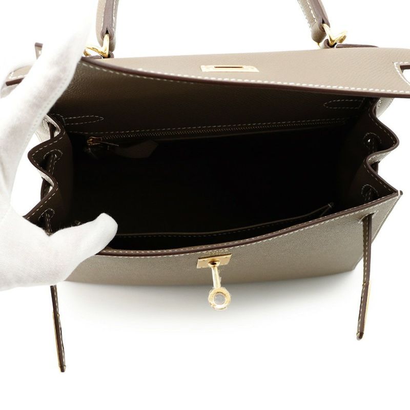 エルメス ハンドバッグ ケリー25 外縫い エトゥープ/ゴールド金具 エプソン K刻印 2wayショルダー