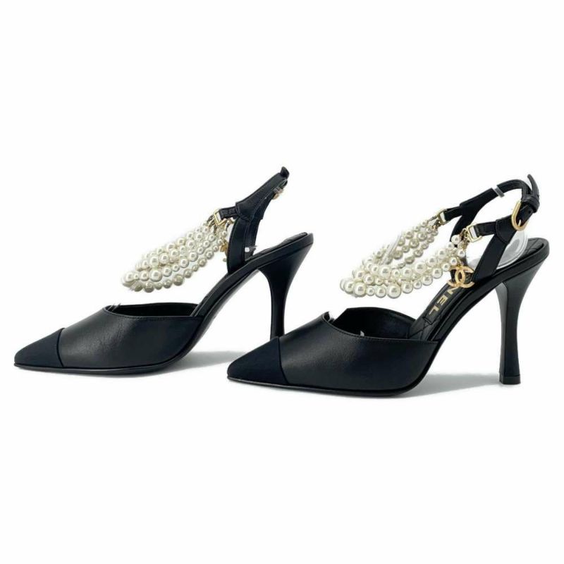 シャネル パンプス パールチェーン スリングバッグ ココマーク ラムスキン レディースサイズ35C G37532 ヒール 靴 黒