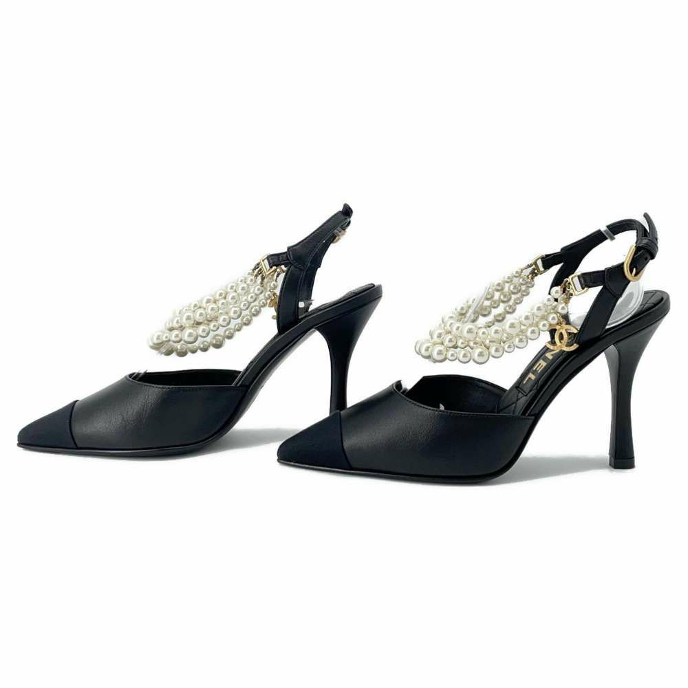 シャネル パンプス パールチェーン スリングバッグ ココマーク ラムスキン レディースサイズ35C G37532 ヒール 靴 黒