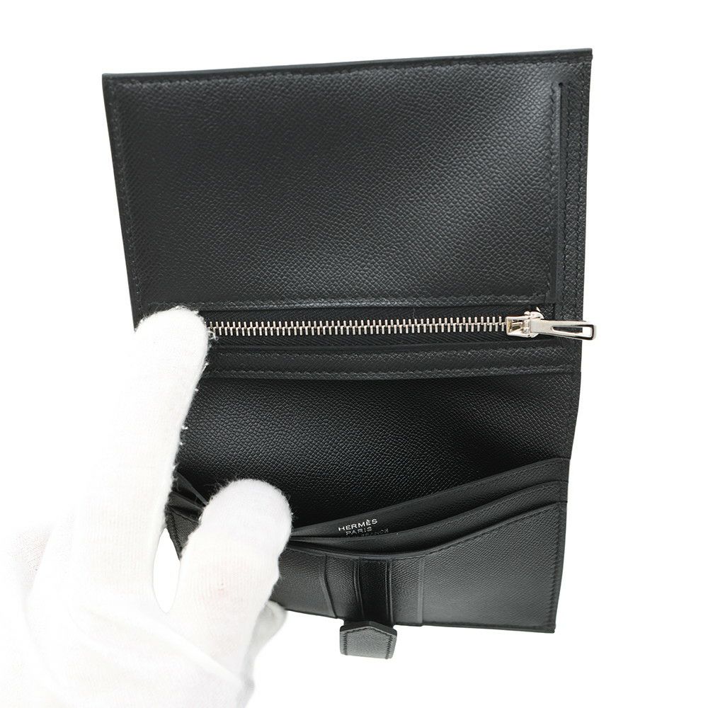 エルメス 二つ折り財布 ベアンコンパクト ブラック/シルバー金具 ヴォーマダム K刻印 黒