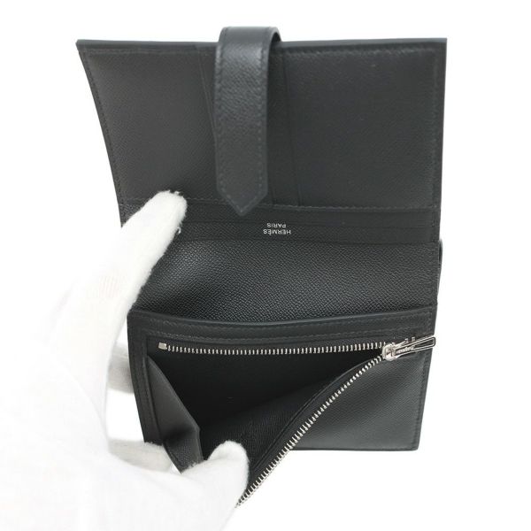 エルメス 二つ折り財布 ベアンコンパクト ブラック/シルバー金具 ヴォーマダム K刻印 黒