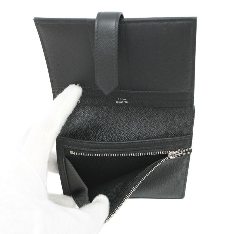 エルメス 二つ折り財布 ベアンコンパクト ブラック/シルバー金具 ヴォーマダム K刻印 黒