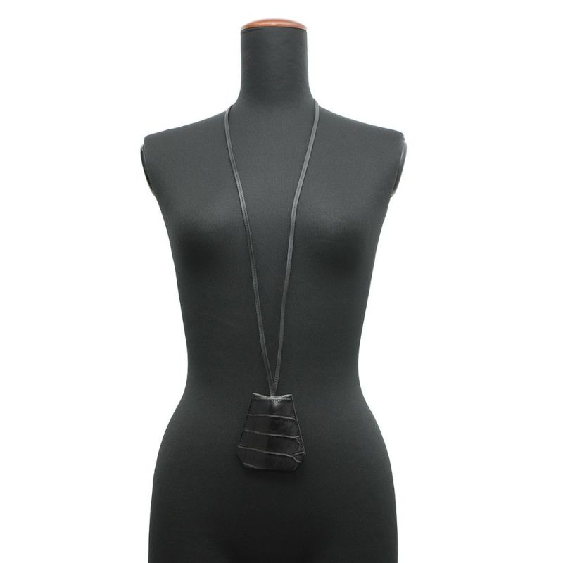 エルメス ネックレス クロシェット ブラック/シルバー金具 アリゲーターマット W刻印 アクセサリー 黒