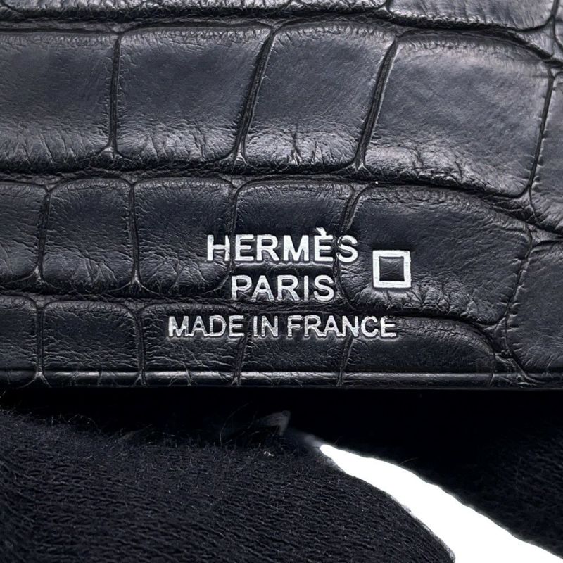 エルメス ネックレス クロシェット ブラック/シルバー金具 アリゲーターマット W刻印 アクセサリー 黒