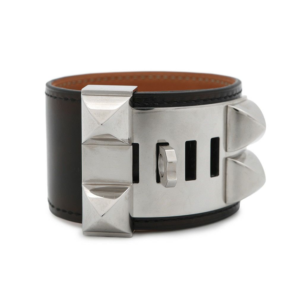 エルメス ブレスレット コリエドシアン ブラック/シルバー金具 ボックスカーフ A刻印 サイズS HERMES 黒