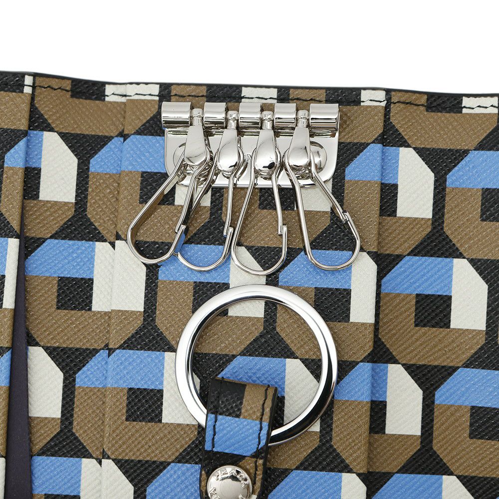 プラダ 4連キーケース 幾何学模様 サフィアーノ 1PG004 PRADA キーリング付き 黒