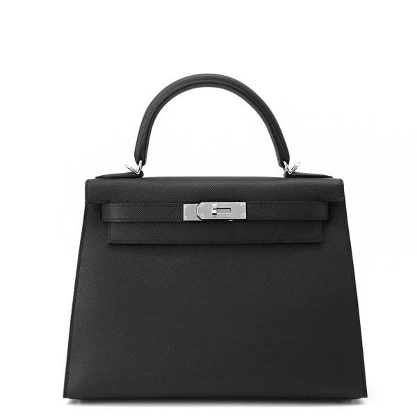 エルメス ハンドバッグ ケリー28 外縫い ブラック/シルバー金具 エプソン K刻印 2wayショルダー 黒