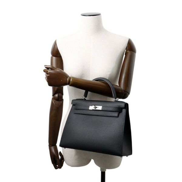 エルメス ハンドバッグ ケリー28 外縫い ブラック/シルバー金具 エプソン K刻印 2wayショルダー 黒