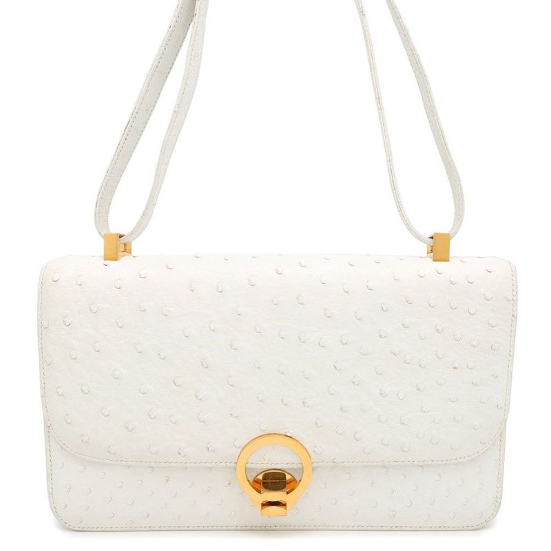 エルメス ショルダーバッグ リングドゥ ホワイト/ゴールド金具 オーストリッチ 〇M刻印 白