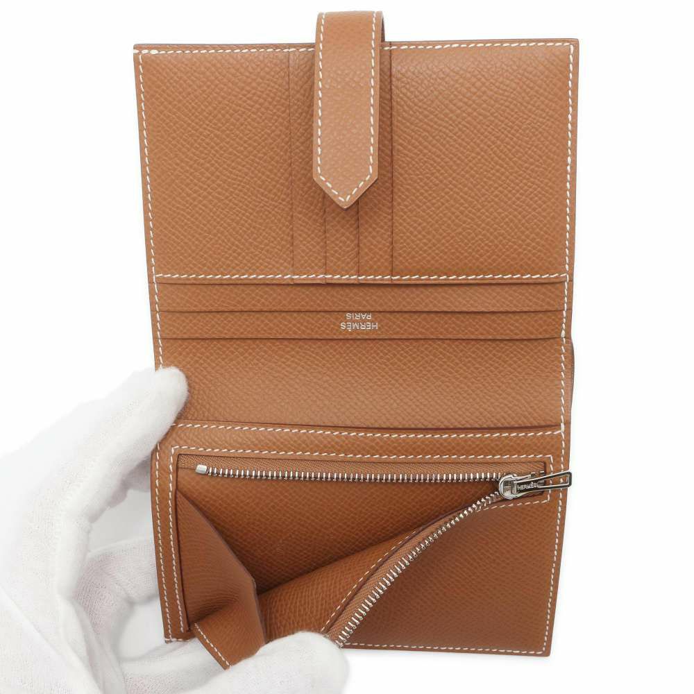 エルメス 二つ折り財布 ベアンコンパクト ゴールド/シルバー金具 ヴォーエプソン U刻印 財布