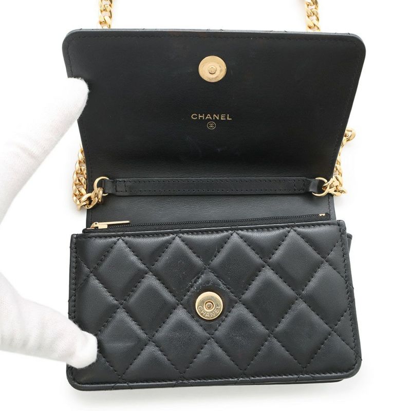 シャネル チェーンウォレット マトラッセ フェイクパール ミニ ラムスキン AP2932 CHANEL 黒