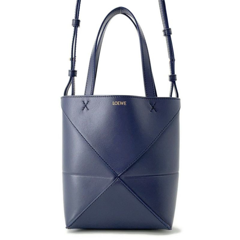 ロエベ ハンドバッグ パズル フォルド ミニトート シャイニーカーフレザー A657V25X01 LOEWE 2way ネイビー