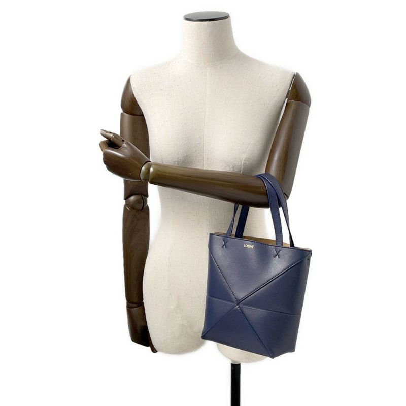 ロエベ ハンドバッグ パズル フォルド ミニトート シャイニーカーフレザー A657V25X01 LOEWE 2way ネイビー