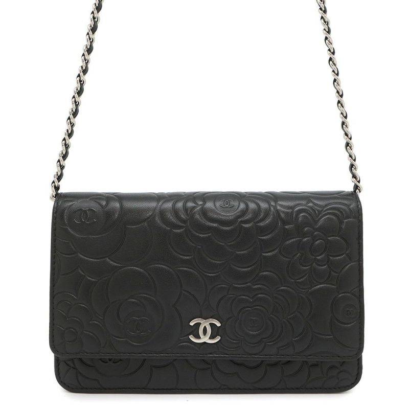 シャネル チェーンウォレット カメリア ココマーク ラムスキン A47421 CHANEL 財布 黒