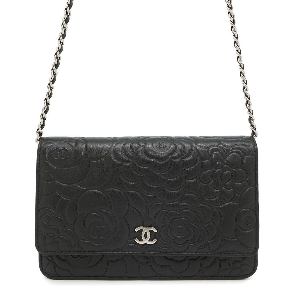シャネル チェーンウォレット カメリア ココマーク ラムスキン A47421 CHANEL 財布 黒