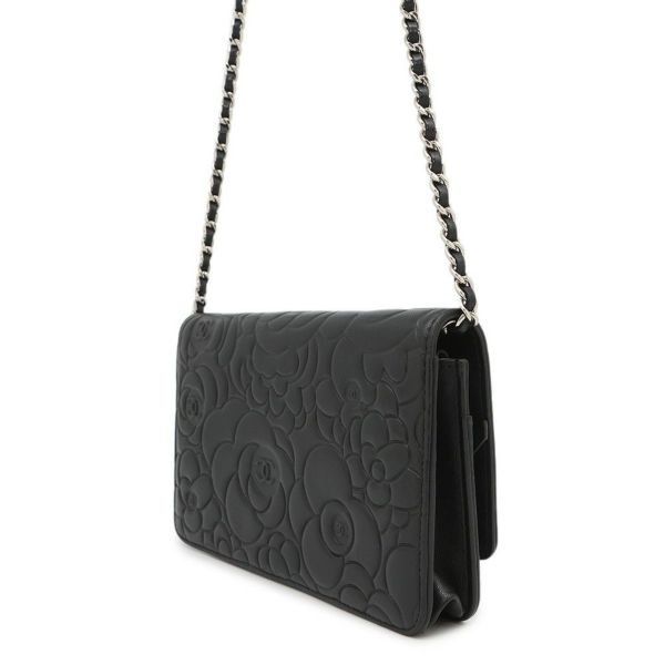 シャネル チェーンウォレット カメリア ココマーク ラムスキン A47421 CHANEL 財布 黒